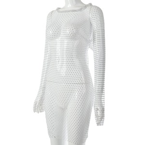 European American Style Women's Summer Sexy <b>Fishnet</b> Rhinestone Dress Round Neck Full Sleeve Sheer Layer Midi Club Dress - Product Image 5