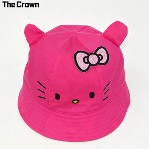 Custom Logo Cartoon Cat Bucket Hat Wholesale Bulk Embroidered <b>Face</b> Funny Hat With 3D Stuffed Ears & Bow Manufacturer - Product Image 3