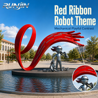 Grande statue d'extérieur en acier inoxydable à flamme spirale, sculpture d'art métallique en maille perforée avec ruban rouge, fabrication sur mesure