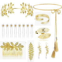 Ensemble d'accessoires de coiffure de mariée en feuille d'or et perles, en alliage électroplaqué, comprenant serre-tête, peigne à cheveux, épingle à cheveux et boucles d'oreilles, pour la vente en gros