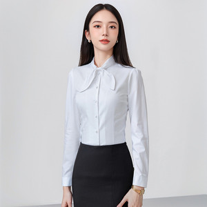 Women's Long Sleeve Shirt Solid Color Bow Tie <b>Work</b> Blouse Polyester Fabric Broadcloth Fit For Office Wear - Product Image 4
