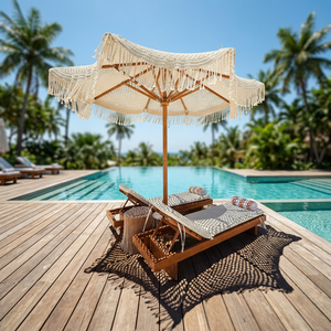 Chaise longue de plage en macramé avec parasol en teck, chaise longue de soleil à pompons, mobilier d'extérieur pour piscine, coussins inclus, style moderne - Product Image 3