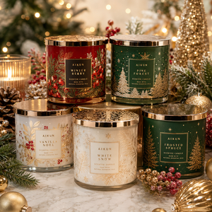 AIKUN Seasonal Holiday Gold Foil Soy Wax Three Wick <strong>Scented</strong> <strong>Candle</strong> Glass Jar <strong>Candle</strong> <strong>Gift</strong> <strong>Set</strong> for Christmas Wholesale - Product Image 3