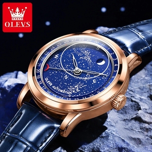 Reloj Mecánico Automático de Fase Lunar para Hombre, de Acero Inoxidable, con Correa de Cuero Azul, de Lujo, con Cristal y Agujas, Resistente al Agua 3BAR, 9923 - Product Image 2