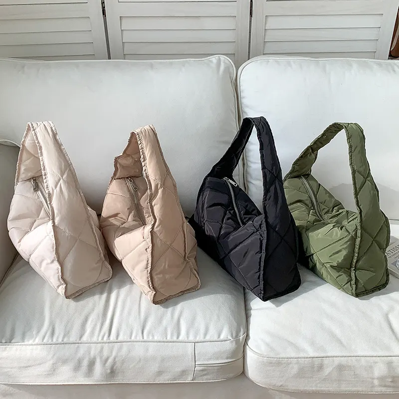 Nhà Máy Bán buôn Chất lượng cao bông Tote Túi Nylon Túi xách mở rộng ô liu màu xanh lá cây Tote Túi tùy chỉnh Puff bông vải Túi xách tay