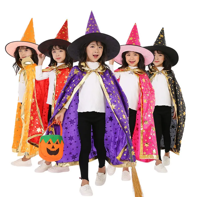 Jubah Penyihir Murah Jubah Penyihir dengan Topi dan Tas Labu Foto Prop Set Pakaian Unisex Kostum Pesta Halloween untuk Anak-anak Cosplay