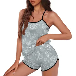 Fashion Kalo Leaf Design Summer Women Sleepwear Wholesale in Bulk Custom Female Home Pajamas Set Plus Size Sling Tops and Shorts