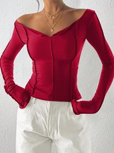 Omuzları Açık V Yaka Dikişli Uzun Kollu Dar Kesim Crop Top Kadın Günlük Y2K Bluz - Product Image 1