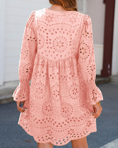 Vestido Corto Holgado Informal de Manga Larga con Encaje Calado y Cuello en V <span class=keywords><strong>para</strong></span> Mujer, Color Sólido, <span class=keywords><strong>para</strong></span> Primavera y Verano - Product Image 5