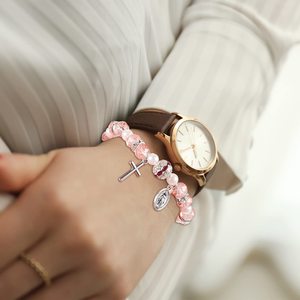 สร้อยข้อมือลูกประคำคริสตัลทำมือพร้อมจี้ไม้กางเขนและพระแม่มารี เครื่องประดับสำหรับสวดมนต์ทางศาสนา - Product Image 2