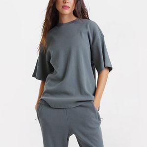 เสื้อยืดผู้หญิงผ้าฝ้ายแบบขายส่ง เสื้อยืดผู้หญิงไซส์ใหญ่แบบวาฟเฟิล ปักโลโก้ เสื้อยืดโอเวอร์ไซส์ผู้หญิง - Product Image 1