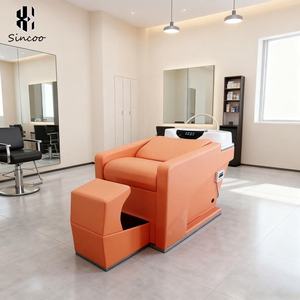 Lit de lavage semi-inclinable électrique en cuir synthétique orange avec réglage par pédale pour salon de coiffure et barbier - Product Image 3