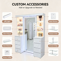 Ensemble de coiffeuse de style moderne comprenant une unité de coiffeuse, un miroir de pleine longueur, deux étagères moyennes et un banc de rangement