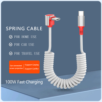 Fournisseur d'usine acceptant les commandes OEM/ODM, câble USB-C rétractable à ressort double coudé à 90° pour charge rapide PD 100W, durable en TPE/TPU, compatible CarPlay