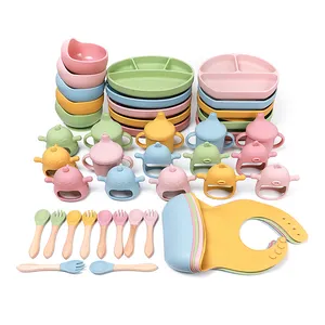 Wholesale BPA Silicone Bowl Plate Spoon Fork Set Baby Bibs Utensils Silicone 8Pcs Baby Set Feeding