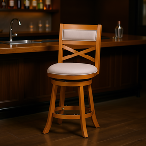 Tabouret pivotant à dossier en X, finition naturelle, hauteur 30 pouces, assise en tissu beige, structure en bois, pour bar à domicile - Product Image 2