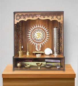 Wall Hanging <strong>Pooja</strong> Wooden <strong>Stand</strong> Engraved <strong>Pooja</strong> Mandir Temple with LED Spotlight for Home or Office Use - Product Image 1