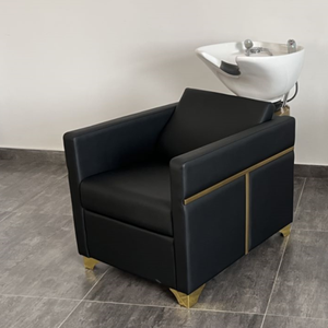 Fauteuil de lavage semi-inclinable en acier inoxydable doré pour salon de coiffure, réglable avec repose-pieds pour barbier - Product Image 1