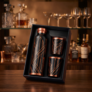 Juego de Botella de Agua de Cobre con Diseño Geométrico Negro, con 2 Tazas, Vaso de Viaje con Patrón Geométrico de Cobre, Caja de Regalo - Product Image 1
