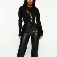 Fournisseur de vêtements de mode en gros personnalisé Oem Odm tricots femmes solide à lacets côtes tricot culture Sexy noir pull tricoté