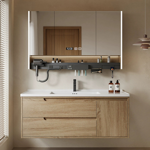Wood color smart wall-mounted bathroom <b>vanity</b> cabinet with <b>LED</b> smart <b>mirror</b> waterproof and moisture-proof washbasin - Product Image 2