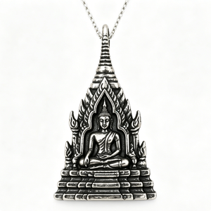 Colgante de Buda de Aleación de Zinc Plateado con Diseño de Templo para Oración, Temática Budista, Artesanía Fundida - Product Image 1