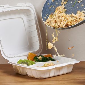 Restaurant 9x9 Inch 3 Compartment Hinged Container R Disposable Eco Friendly Takeout Food Container - Product Image 4
