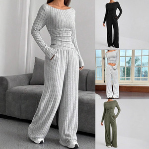 Ensemble de chandail en tricot pour femmes, manches longues, couleur unie, pantalon large côtelé, tenue décontractée en deux pièces, tailles SMLXLXXL, style Europe Amérique - Product Image 1
