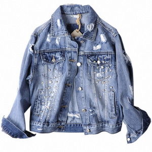 Vestes <span class=keywords><strong>en</strong></span> <span class=keywords><strong>jean</strong></span> bleu diamant troué pour femmes Vestes et manteaux pour femmes Marques de jeans italiennes - Product Image 1