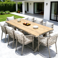 Ensemble de table et chaises d'extérieur moderne, léger, imperméable, en corde tressée à la main, avec plateau en bois plastique, pour villa, patio, salon.