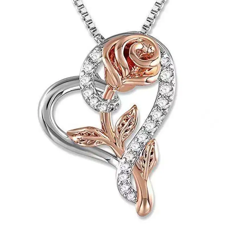 women mom wife girlfriend rose flower cubic zirconia love heart pendant necklace jewelry gift