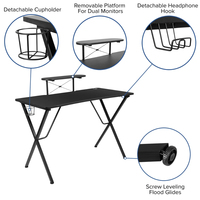 Bureau de jeu noir en gros pour usine avec porte-gobelet, crochet pour casque, support pour moniteur et smartphone, idéal pour le bureau à domicile