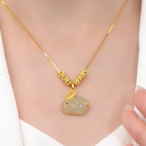 Titanium Steel Jade Rabbit Necklace Women Animal Zodiac Clavicle Chain Gift Fashion Pendant Necklaces - Product Image 4