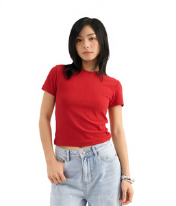 <b>Red</b> Short Sleeve <b>Crop</b> <b>Top</b> O-Neck Knitted Solid Color Casual Fit Women's T-Shirt - Product Image 1