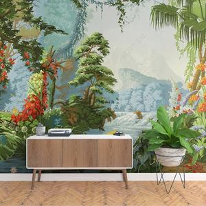 Papel pintado mural de pintura al óleo de selva tropical pintado a mano estilo corte europeo vintage - Product Image 2