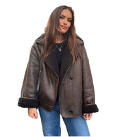 Blouson Bomber Hiver Femme en Faux Cuir de Mouton Marron avec Col en Fourrure Effet Agneau et Imprimé Tricoté Uni