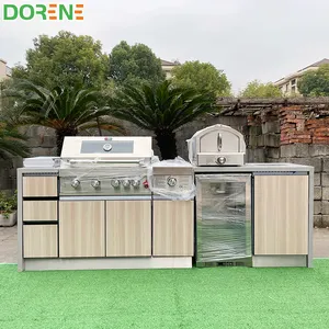 2021 Dorene Light Wood Grain Outdoor BBQ Kitchen Cabinet Design With Grill