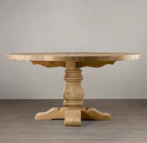 Meja makan kayu padat warna alami, furnitur bulat ukir berat untuk rumah Modern untuk ruang makan - Product Image 4