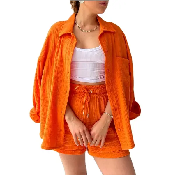 Babados tecido lapela manga comprida camisa de cintura alta cordão shorts moda casual conjunto de duas peças das mulheres