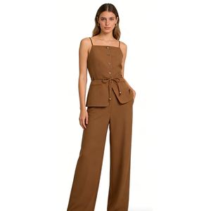 Completo Due Pezzi da Donna: Top a Canotta e Pantaloni a Gamba Larga con Bottoni Frontali, Peplum e Cintura, Outfit Casual da Ufficio - Product Image 1