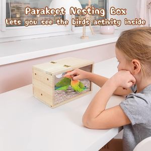 Jaulas de pájaros verticales de madera Natural, casa de pájaros de lujo con patrón sólido para cría de pájaros perlados, cajas de anidación de hierro para loros bebés - Product Image 2