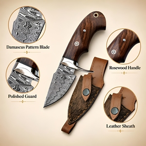 Couteau de camping et de dépecage artisanal à lame fixe Damas de 6 pouces, pointe tombante, avec manche en bois de rose et étui en cuir (OEM disponible) - Product Image 2