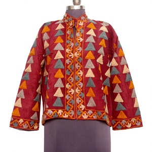 Hand Embroidered Cotton Blazer With Geometric Pattern <b>Mandarin</b> <b>Collar</b> Full Sleeve Autumn Ethnic Style Women's <b>Jacket</b> - Product Image 1