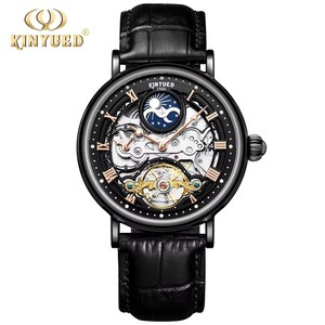 Drop Shipping KINYUED Men's Mechanical <b>Watch</b> <b>Skeleton</b> Dial Moon Phase Genuine Leather Band Waterproof 3BAR Luminous Display - Product Image 4