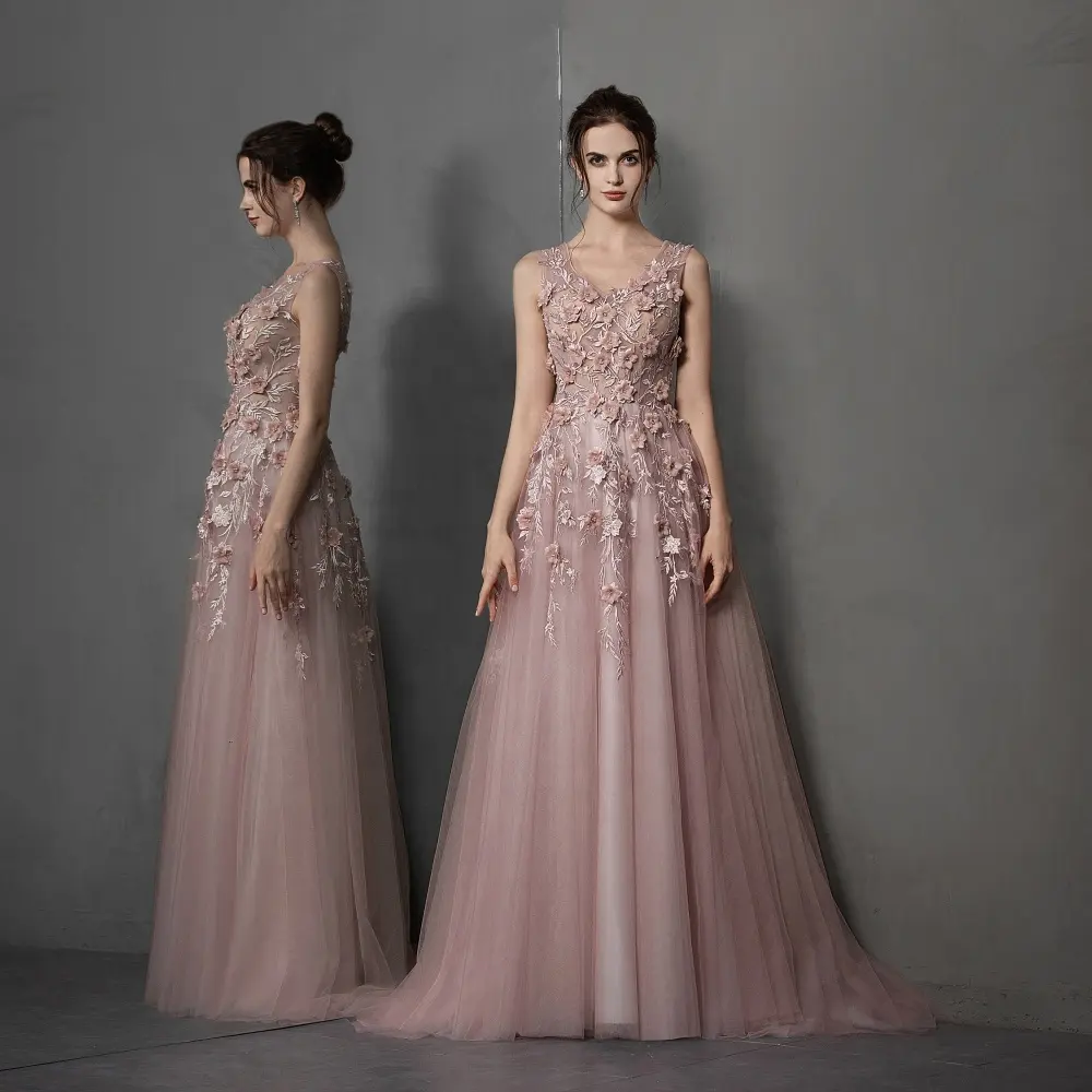 Ruolai PEV-L3136 Modest V-neckline A-line 3D Flowers Pearls Long Evening Prom Dresses for Women