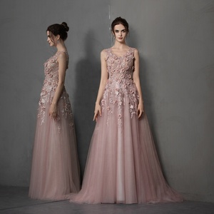 Ruolai PEV-L3136 <strong>Modest</strong> V-neckline A-line 3D Flowers Pearls Long Evening <strong>Prom</strong> <strong>Dresses</strong> for Women - Product Image 1
