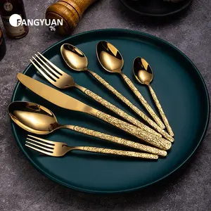 FANGYUAN hammered handle luxury gold cutlery stainless steel golden modern silverware flatware set for wedding events