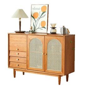 Buffet en bois de cerisier massif, style nordique, meuble de rangement fait main avec tressage en rotin, mobilier de salle à manger - Product Image 2
