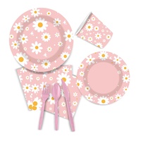 Ensemble de vaisselle jetable biodégradable en papier sur le thème des marguerites pour fête d'anniversaire, assiettes, gobelets, serviettes, célébration pour enfants, style européen