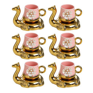 Ensemble de 6 tasses et 6 assiettes à café électroplaquées de style européen, motif floral créatif, en céramique, avec motif chameau - Product Image 2